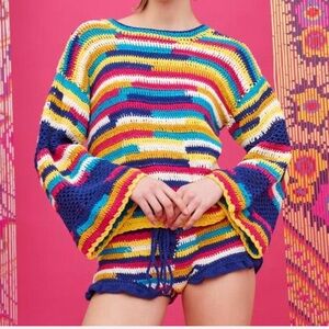 CeliaB Revolve Retro Style Colorful Striped Knit Sweater Bell Sleeve Size M